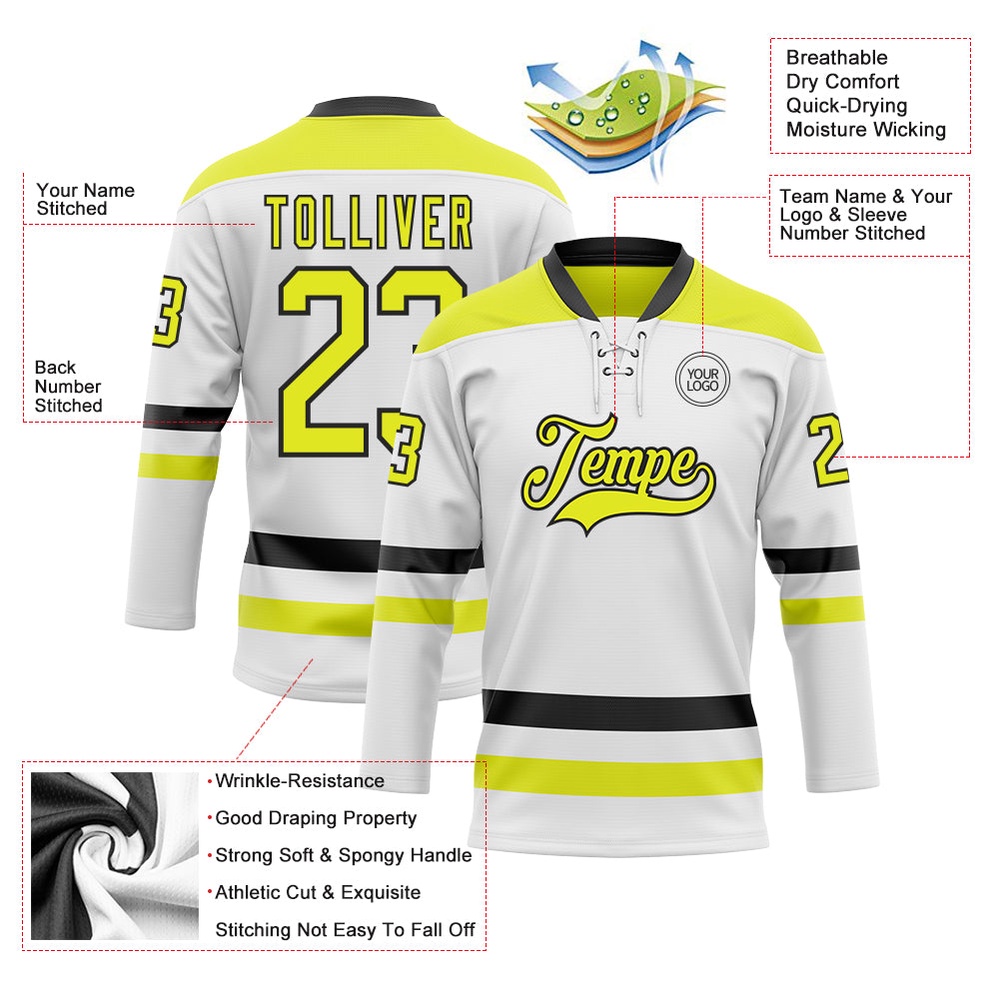 Custom White Neon Yellow Black Hockey Lace Neck Jersey, New Hockey Jersey, Personali Sport Team Jersey Shirt