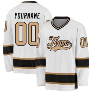 Custom White Old Gold Black Hockey Jersey,…