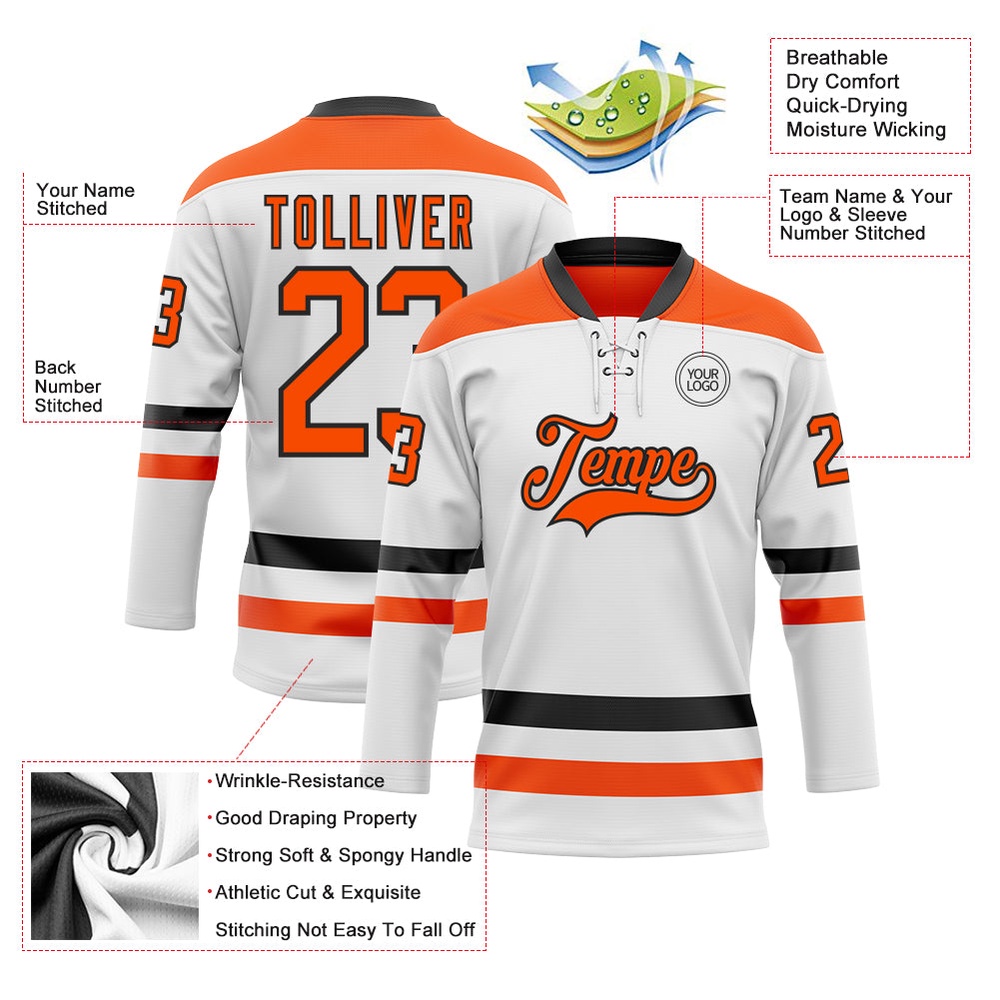 Custom White Orange Black Hockey Lace Neck Jersey, New Hockey Jersey, Personali Sport Team Jersey Shirt
