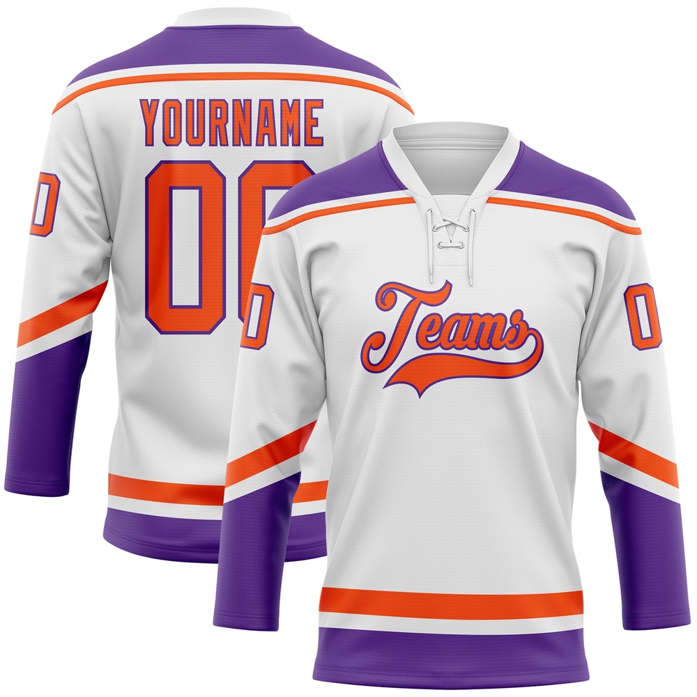 Custom White Orange Purple Hockey Lace Neck Jersey, New Hockey Jersey, Personali Sport Team Jersey Shirt