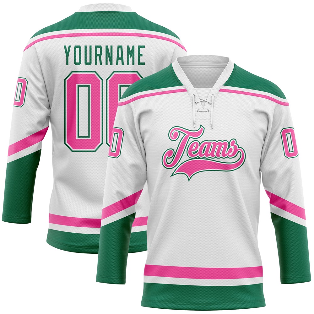 Custom White Pink Kelly Green Hockey Lace Neck Jersey, New Hockey Jersey, Personali Sport Team Jersey Shirt