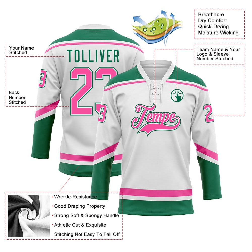 Custom White Pink Kelly Green Hockey Lace Neck Jersey, New Hockey Jersey, Personali Sport Team Jersey Shirt