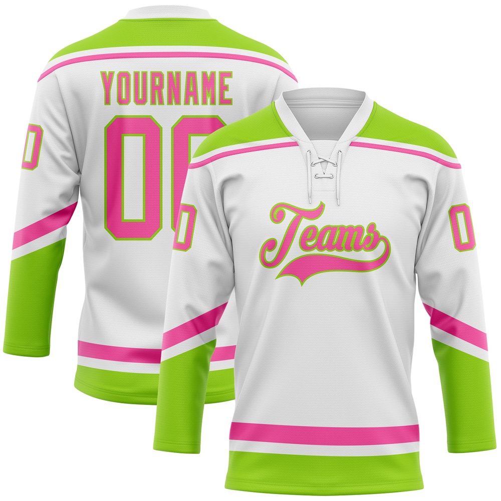 Custom White Pink Neon Green Hockey Lace Neck Jersey, New Hockey Jersey, Personali Sport Team Jersey Shirt Custom White Pink Neon Green Hockey Lace Neck Jersey, New Hockey Jersey, Personali Sport Team Jersey Shirt