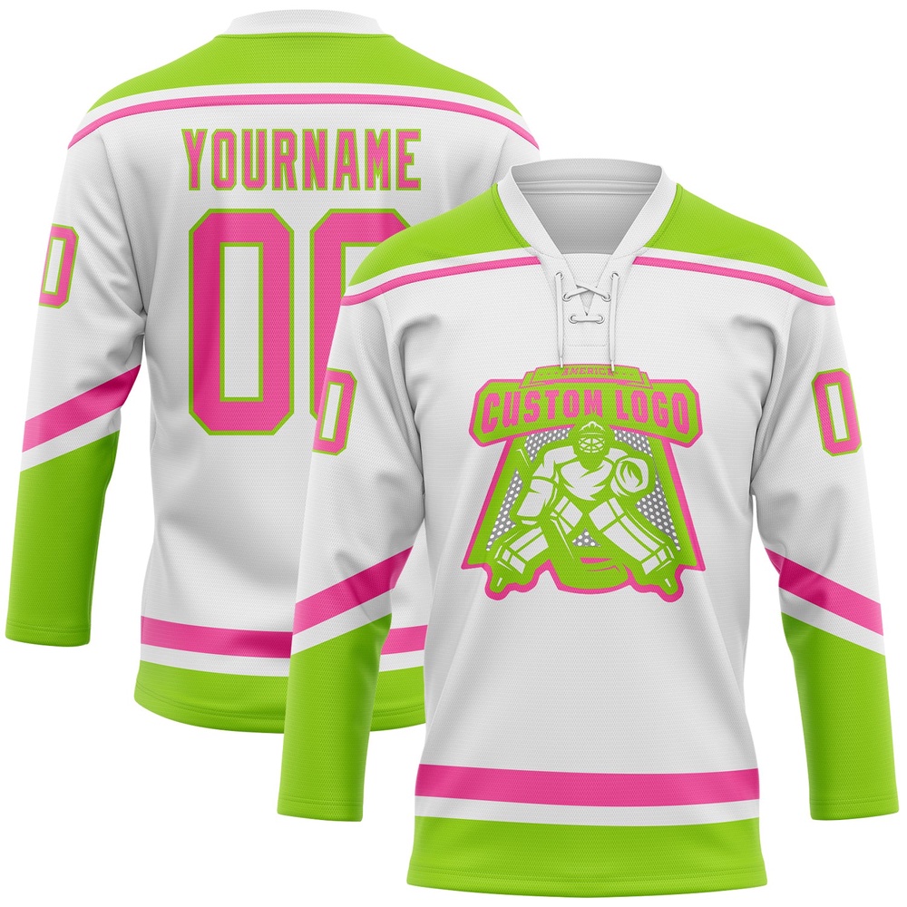 Custom White Pink Neon Green Hockey Lace Neck Jersey, New Hockey Jersey, Personali Sport Team Jersey Shirt Custom White Pink Neon Green Hockey Lace Neck Jersey, New Hockey Jersey, Personali Sport Team Jersey Shirt