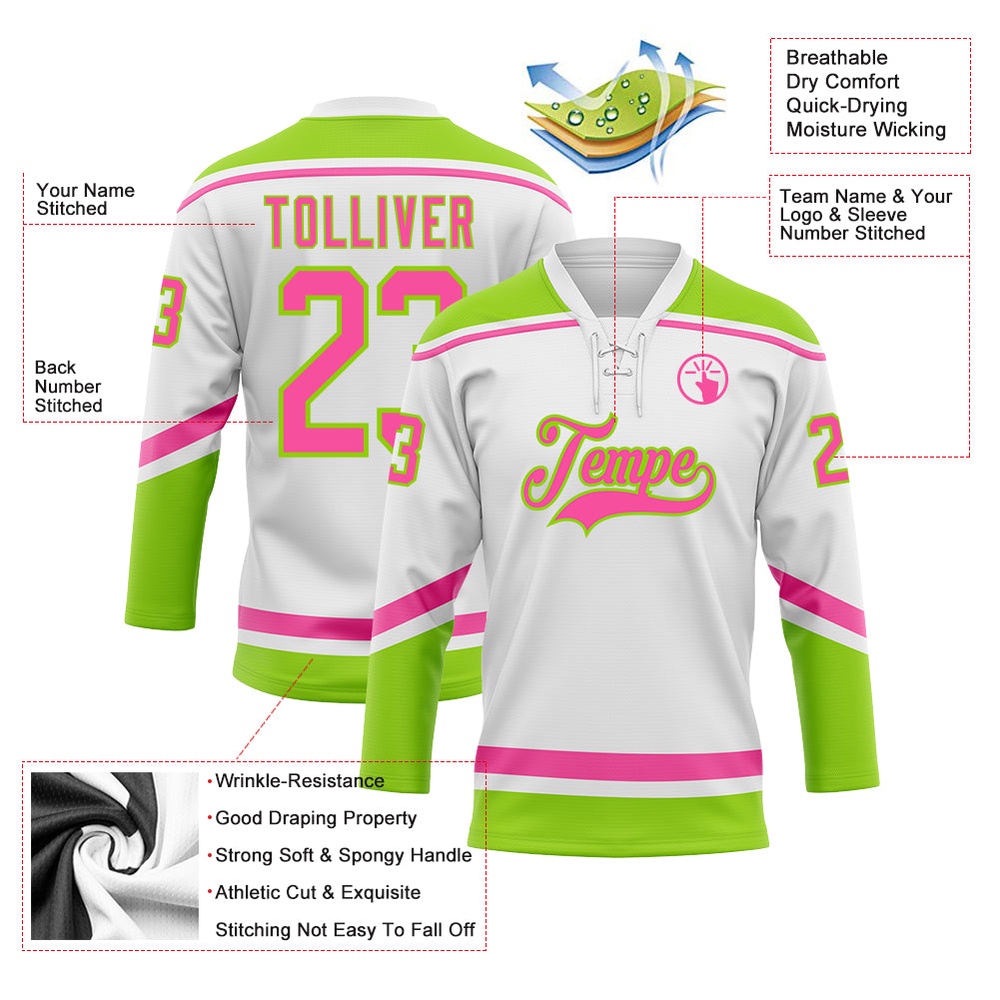 Custom White Pink Neon Green Hockey Lace Neck Jersey, New Hockey Jersey, Personali Sport Team Jersey Shirt Custom White Pink Neon Green Hockey Lace Neck Jersey, New Hockey Jersey, Personali Sport Team Jersey Shirt