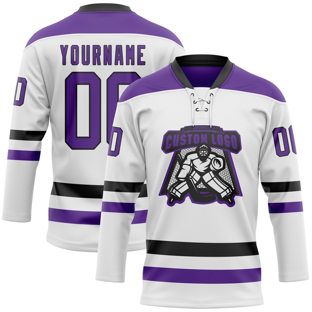 Custom White Purple Black Hockey Lace Neck Jersey, New Hockey Jersey, Personali Sport Team Jersey Shirt