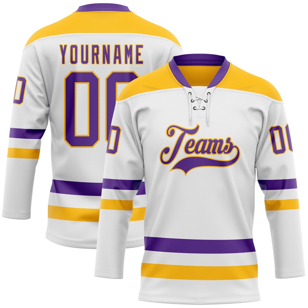 Custom White Purple Gold Hockey Lace Neck Jersey, New Hockey Jersey, Personali Sport Team Jersey Shirt