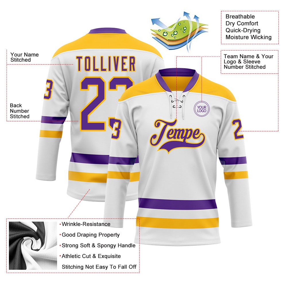 Custom White Purple Gold Hockey Lace Neck Jersey, New Hockey Jersey, Personali Sport Team Jersey Shirt