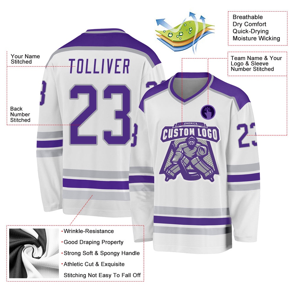 Custom White Purple Gray Hockey Jersey, New Hockey Jersey, Personali Sport Team Jersey Shirt