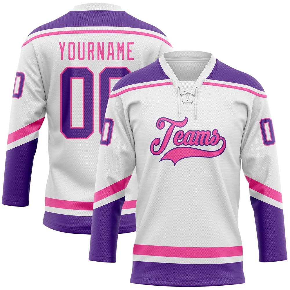 Custom White Purple Pink Hockey Lace Neck Jersey, New Hockey Jersey, Personali Sport Team Jersey Shirt