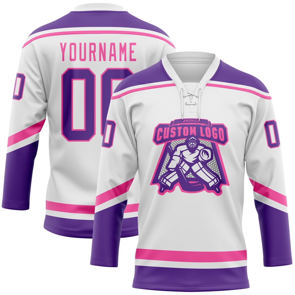 Custom White Purple Pink Hockey Lace Neck Jersey, New Hockey Jersey, Personali Sport Team Jersey Shirt