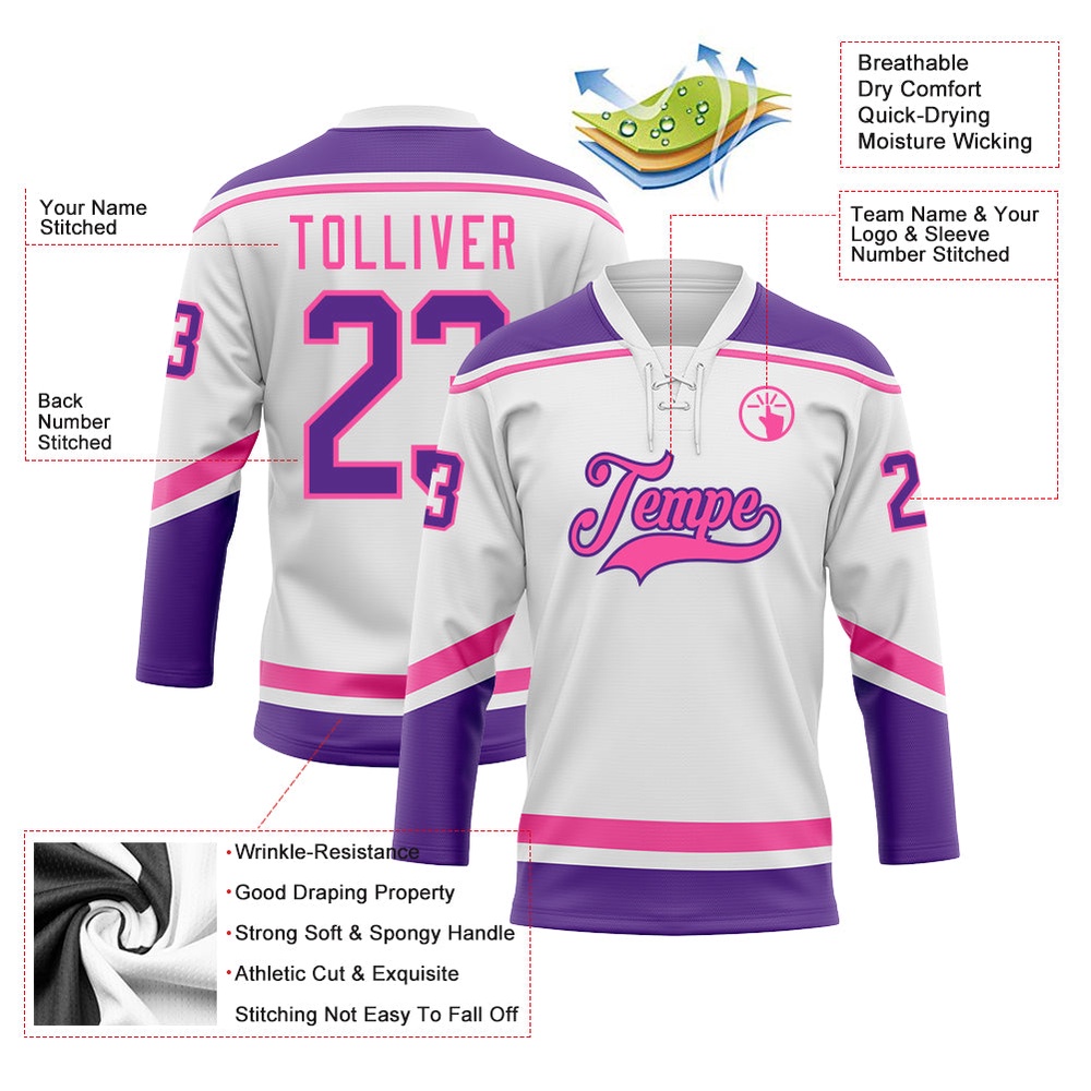 Custom White Purple Pink Hockey Lace Neck Jersey, New Hockey Jersey, Personali Sport Team Jersey Shirt