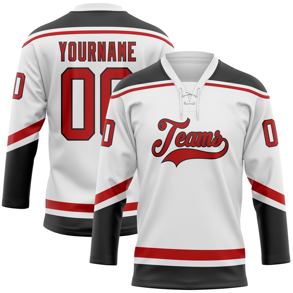 Custom White Red Black Hockey Lace Neck Jersey, New Hockey Jersey, Personali Sport Team Jersey Shirt Custom White Red Black Hockey Lace Neck Jersey, New Hockey Jersey, Personali Sport Team Jersey Shirt