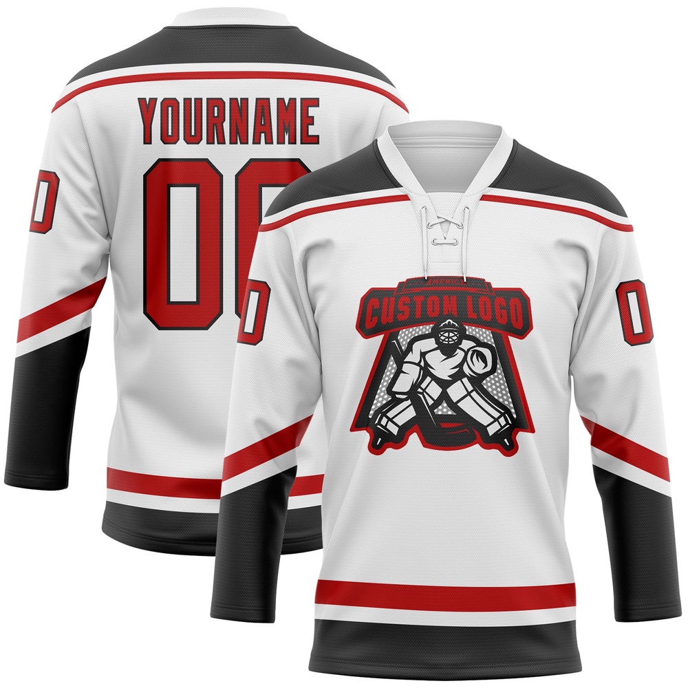 Custom White Red Black Hockey Lace Neck Jersey, New Hockey Jersey, Personali Sport Team Jersey Shirt Custom White Red Black Hockey Lace Neck Jersey, New Hockey Jersey, Personali Sport Team Jersey Shirt