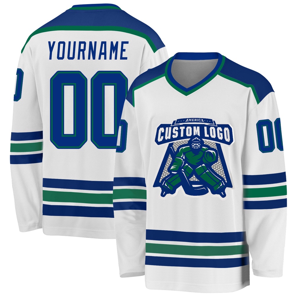 Custom White Royal Kelly Green Hockey Jersey, New Hockey Jersey, Personali Sport Team Jersey Shirt Custom White Royal Kelly Green Hockey Jersey, New Hockey Jersey, Personali Sport Team Jersey Shirt