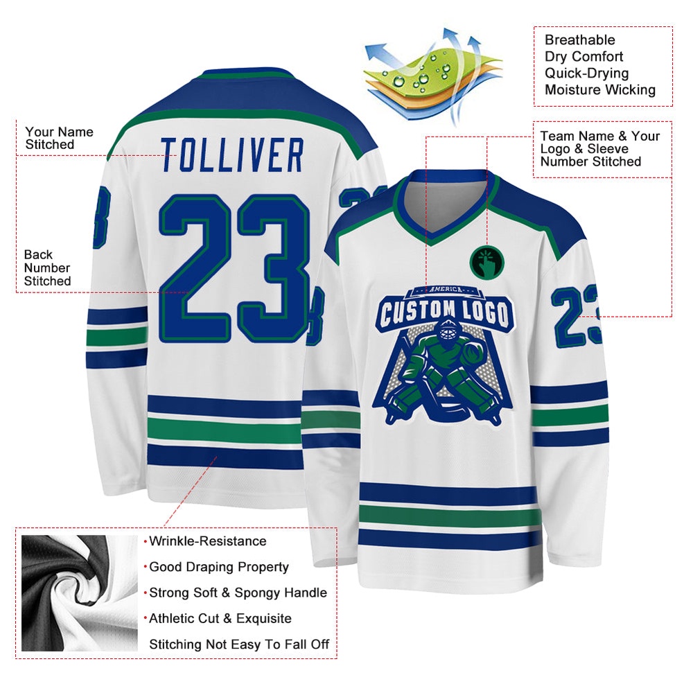 Custom White Royal Kelly Green Hockey Jersey, New Hockey Jersey, Personali Sport Team Jersey Shirt Custom White Royal Kelly Green Hockey Jersey, New Hockey Jersey, Personali Sport Team Jersey Shirt