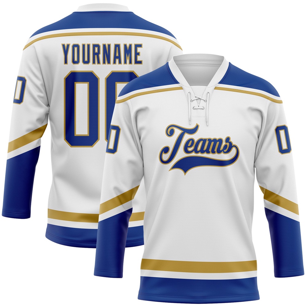 Custom White Royal Old Gold Hockey Lace Neck Jersey, New Hockey Jersey, Personali Sport Team Jersey Shirt Custom White Royal Old Gold Hockey Lace Neck Jersey, New Hockey Jersey, Personali Sport Team Jersey Shirt