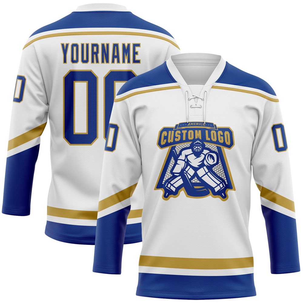 Custom White Royal Old Gold Hockey Lace Neck Jersey, New Hockey Jersey, Personali Sport Team Jersey Shirt Custom White Royal Old Gold Hockey Lace Neck Jersey, New Hockey Jersey, Personali Sport Team Jersey Shirt