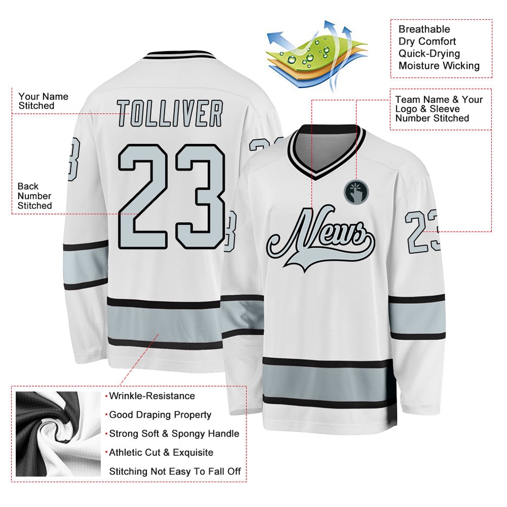 Custom White Silver Black Hockey Jersey, New Hockey Jersey, Personali Sport Team Jersey Shirt