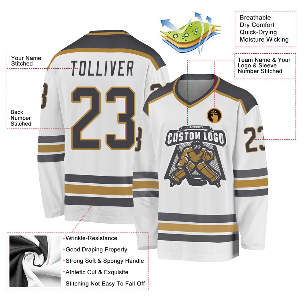 Custom White Steel Gray Old Gold Hockey Jersey, New Hockey Jersey, Personali Sport Team Jersey Shirt