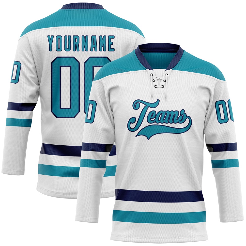 Custom White Teal Navy Hockey Lace Neck Jersey, New Hockey Jersey, Personali Sport Team Jersey Shirt