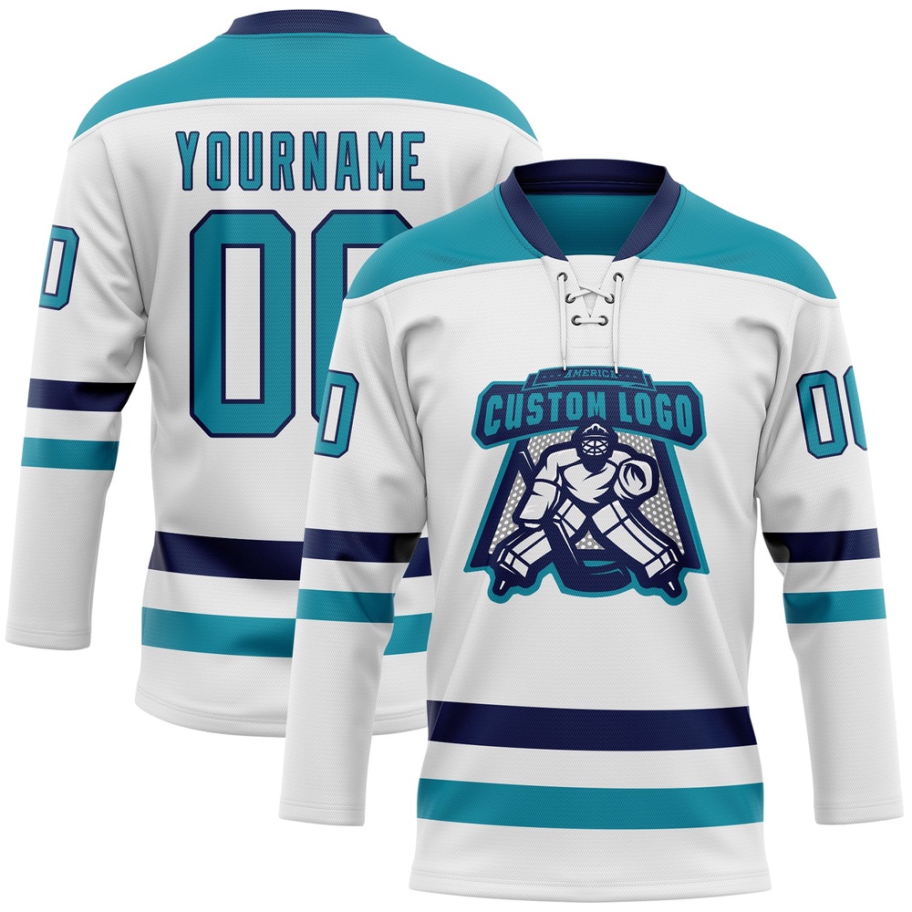 Custom White Teal Navy Hockey Lace Neck Jersey, New Hockey Jersey, Personali Sport Team Jersey Shirt
