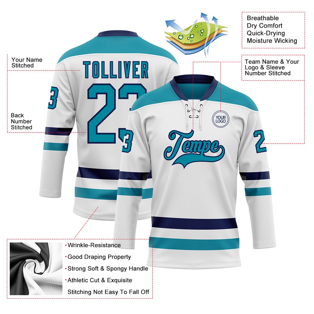 Custom White Teal Navy Hockey Lace Neck Jersey, New Hockey Jersey, Personali Sport Team Jersey Shirt