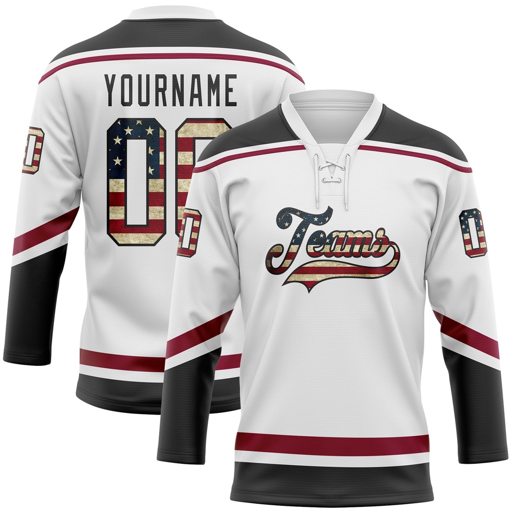 Custom White Vintage USA Flag Black Maroon Hockey Lace Neck Jersey, New Hockey Jersey, Personali Sport Team Jersey Shirt