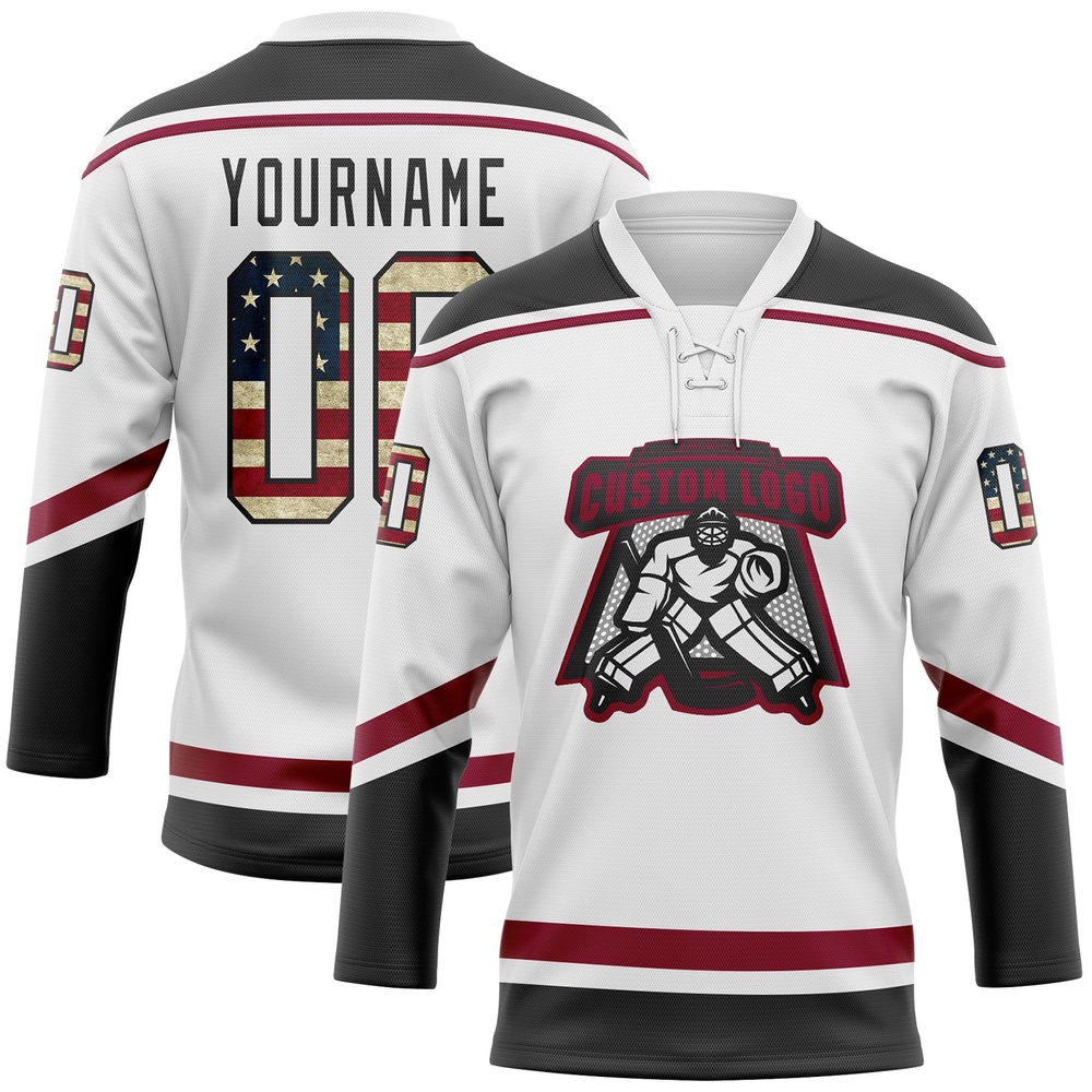 Custom White Vintage USA Flag Black Maroon Hockey Lace Neck Jersey, New Hockey Jersey, Personali Sport Team Jersey Shirt