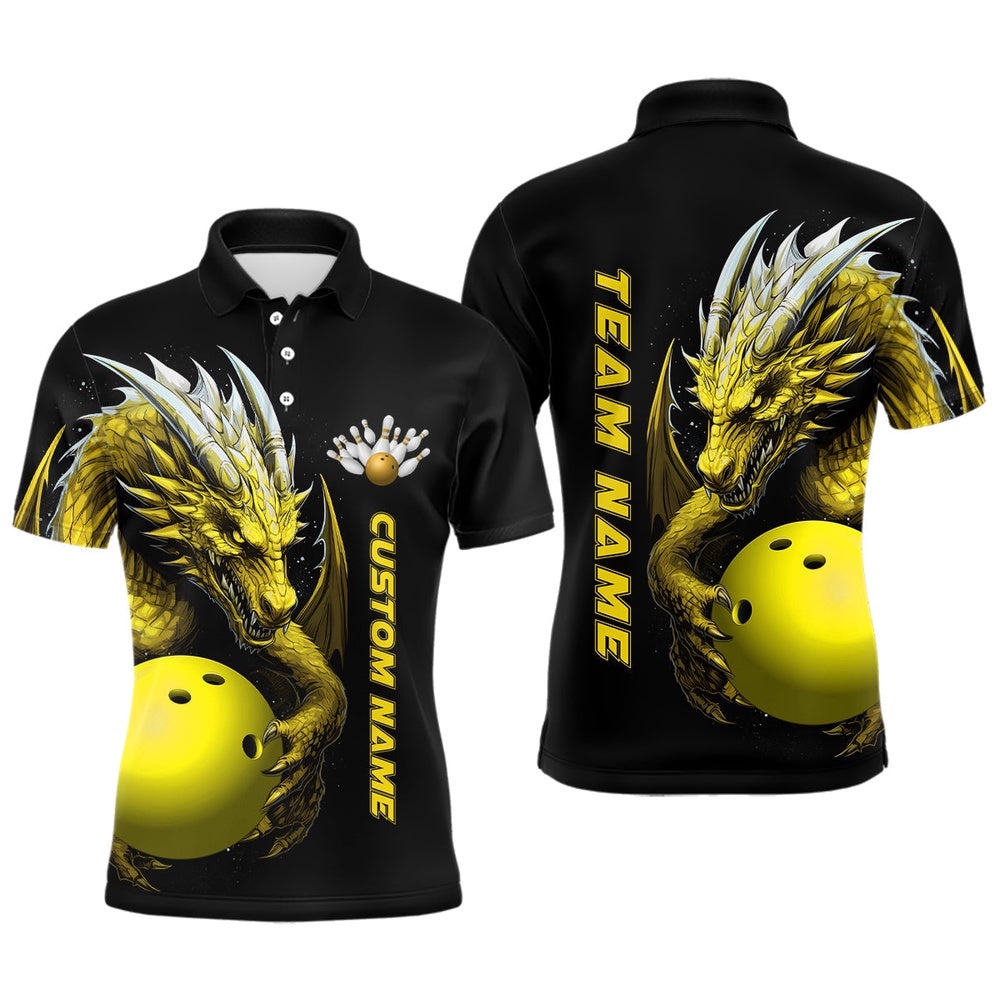 Custom Yellow Dragon Men Bowling Polo Shirts Team Bowling Polo Shirt Bowling Apparel For Bowler, Personalized Bowling Team Shirt Custom Yellow Dragon Men Bowling Polo Shirts Team Bowling Polo Shirt Bowling Apparel For Bowler, Personalized Bowling Team Shirt