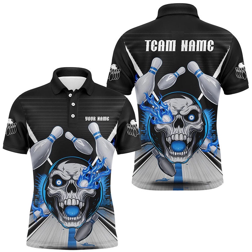 Customizable Blue Flame Bowling Shirts, Skull Bowling Polo Shirt For Men, Personalized Bowling Team Shirt Customizable Blue Flame Bowling Shirts, Skull Bowling Polo Shirt For Men, Personalized Bowling Team Shirt