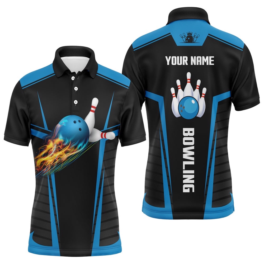 Customize Bowling Shirts For Men With Flame Bowling Balls And Pins Black Blue Bowling Polo Shirt, Personalized Bowling Team Shirt Customize Bowling Shirts For Men With Flame Bowling Balls And Pins Black Blue Bowling Polo Shirt, Personalized Bowling Team Shirt