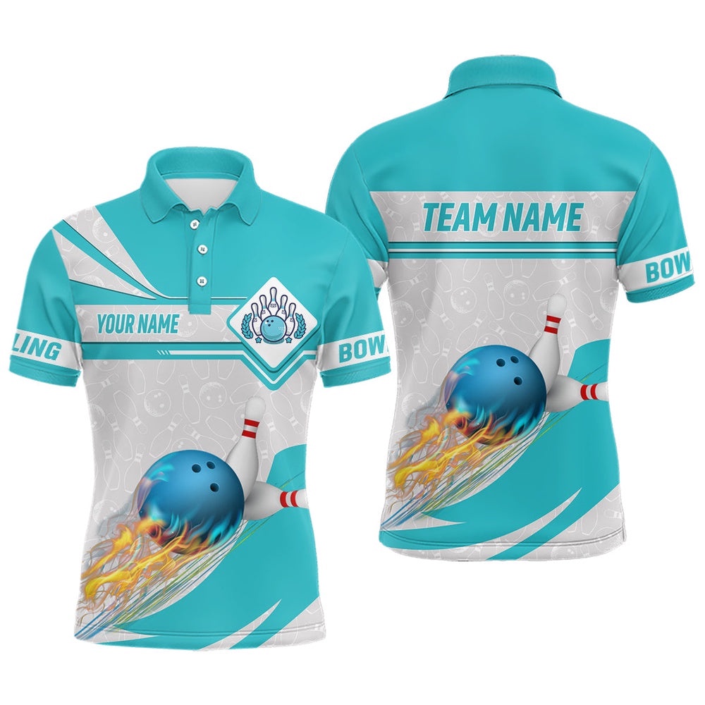 Cyan Blue Bowling Polo Shirts For Men Custom Camo Flame Bowling Ball Pins Team League Polo Shirt, Personalized Bowling Team Shirt Cyan Blue Bowling Polo Shirts For Men Custom Camo Flame Bowling Ball Pins Team League Polo Shirt, Personalized Bowling Team Shirt