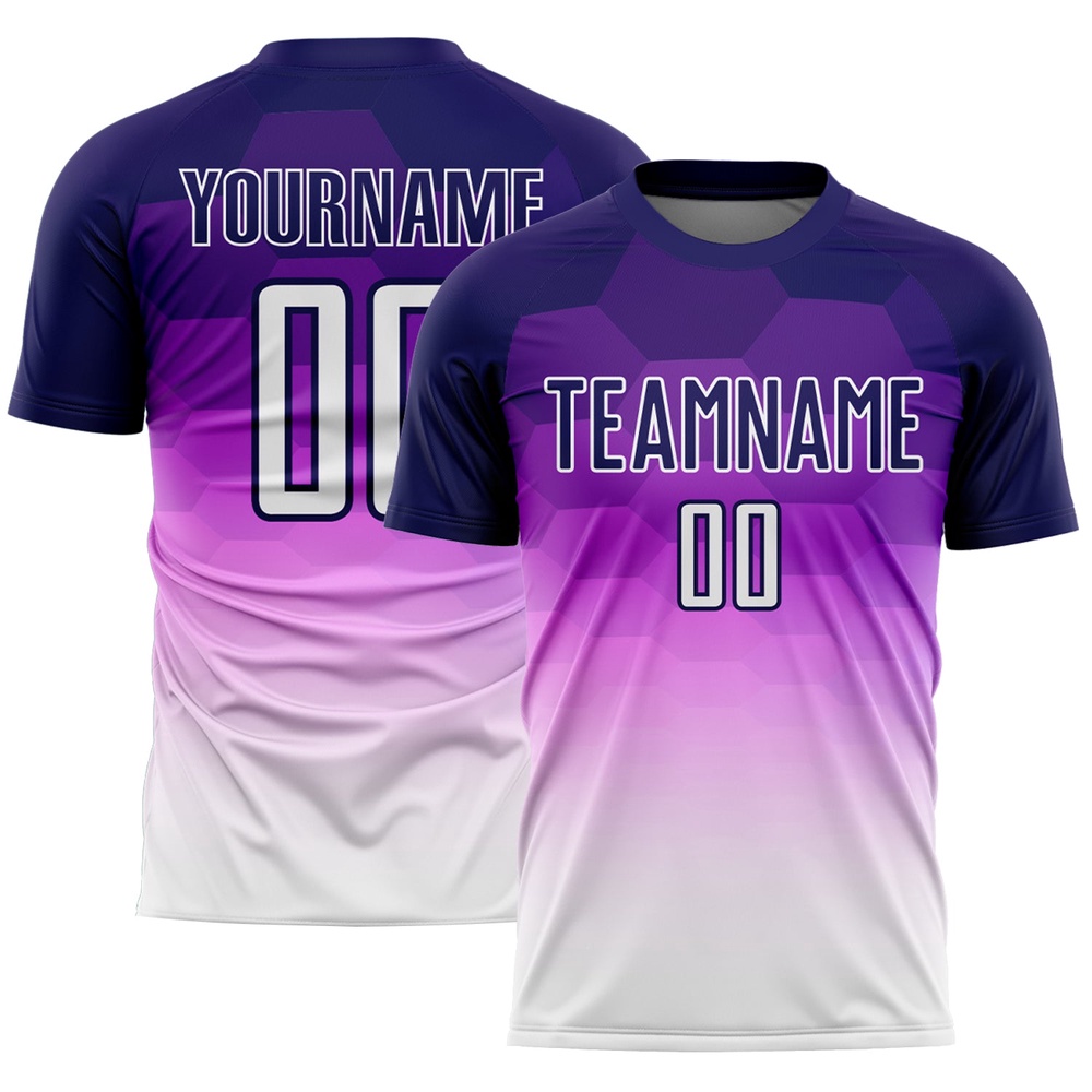 Dark Purple White Gradient Hexagons Pattern Sublimation Soccer Uniform Jersey, Custom Team Soccer Jersey Shirt Dark Purple White Gradient Hexagons Pattern Sublimation Soccer Uniform Jersey, Custom Team Soccer Jersey Shirt