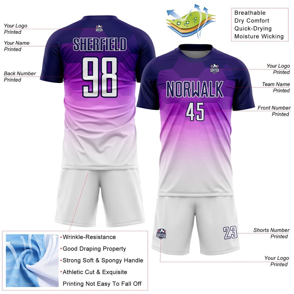 Dark Purple White Gradient Hexagons Pattern Sublimation Soccer Uniform Jersey, Custom Team Soccer Jersey Shirt Dark Purple White Gradient Hexagons Pattern Sublimation Soccer Uniform Jersey, Custom Team Soccer Jersey Shirt
