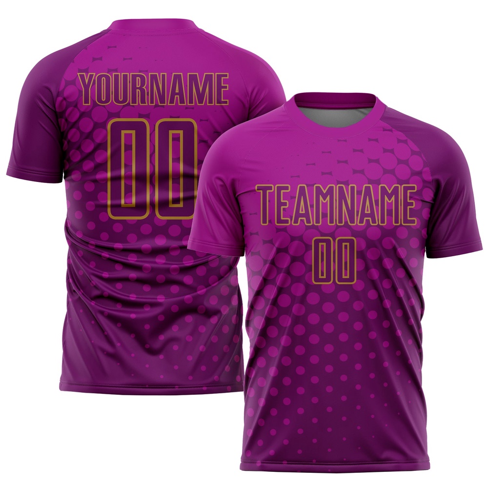 Deep Pink Purple Old Gold Sublimation Soccer Uniform Jersey, Custom Team Soccer Jersey Shirt Deep Pink Purple Old Gold Sublimation Soccer Uniform Jersey, Custom Team Soccer Jersey Shirt