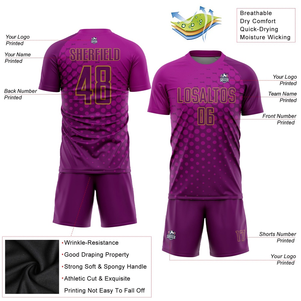 Deep Pink Purple Old Gold Sublimation Soccer Uniform Jersey, Custom Team Soccer Jersey Shirt Deep Pink Purple Old Gold Sublimation Soccer Uniform Jersey, Custom Team Soccer Jersey Shirt