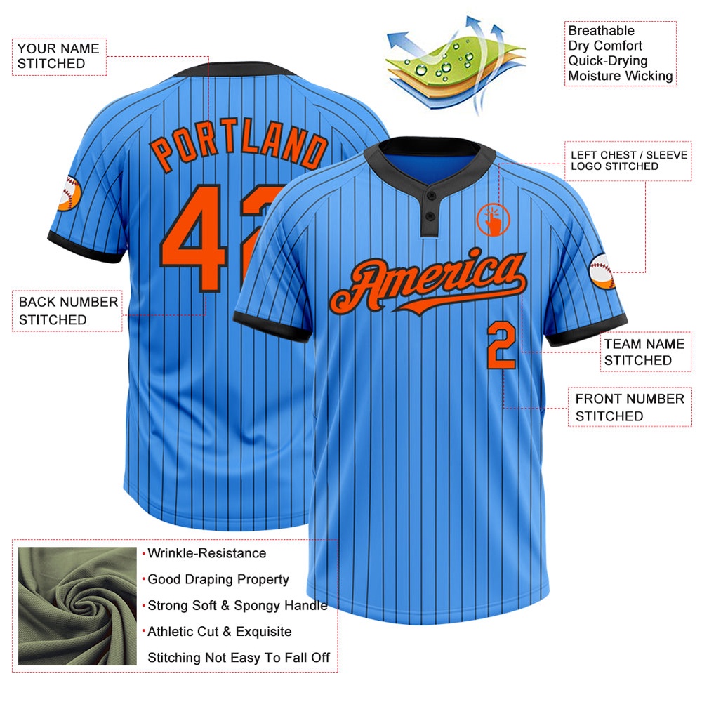Electric Blue Black Pinstripe Orange Two Button Unisex Softball Jersey, Custom Team Softball Jersey Electric Blue Black Pinstripe Orange Two Button Unisex Softball Jersey, Custom Team Softball Jersey