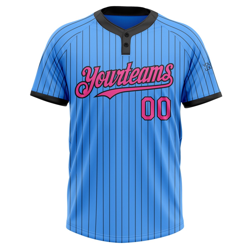 Electric Blue Black Pinstripe Pink Two Button Unisex Softball Jersey, Custom Team Softball Jersey