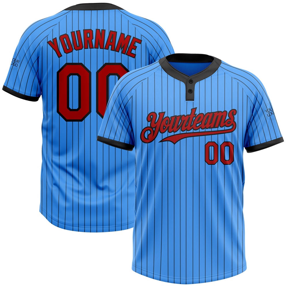 Electric Blue Black Pinstripe Red Two Button Unisex Softball Jersey, Custom Team Softball Jersey