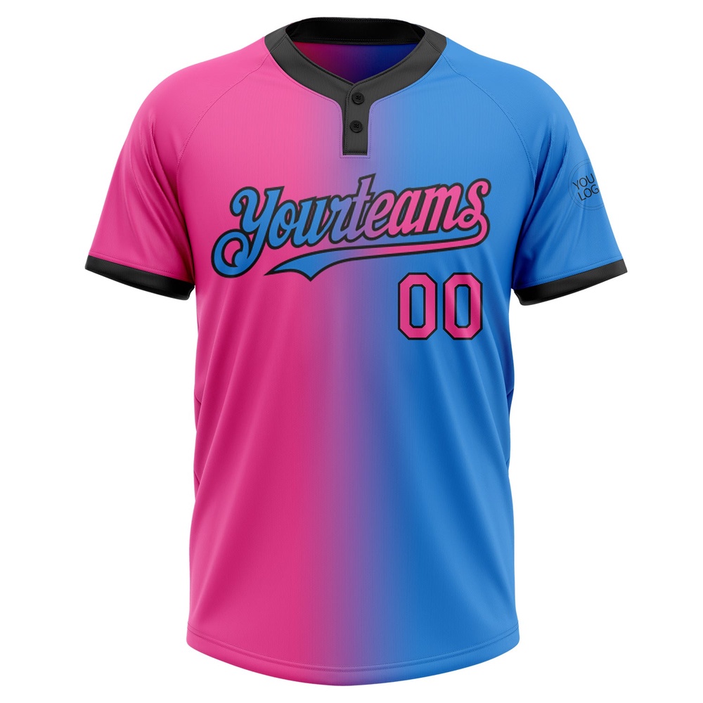 Electric Blue Pink Black Gradient Fashion Two Button Unisex Softball Jersey, Custom Team Softball Jersey Electric Blue Pink Black Gradient Fashion Two Button Unisex Softball Jersey, Custom Team Softball Jersey