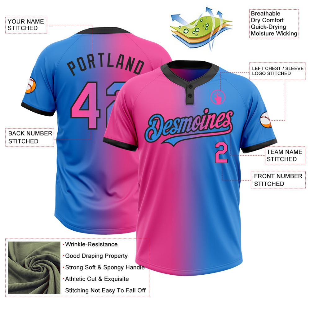 Electric Blue Pink Black Gradient Fashion Two Button Unisex Softball Jersey, Custom Team Softball Jersey Electric Blue Pink Black Gradient Fashion Two Button Unisex Softball Jersey, Custom Team Softball Jersey