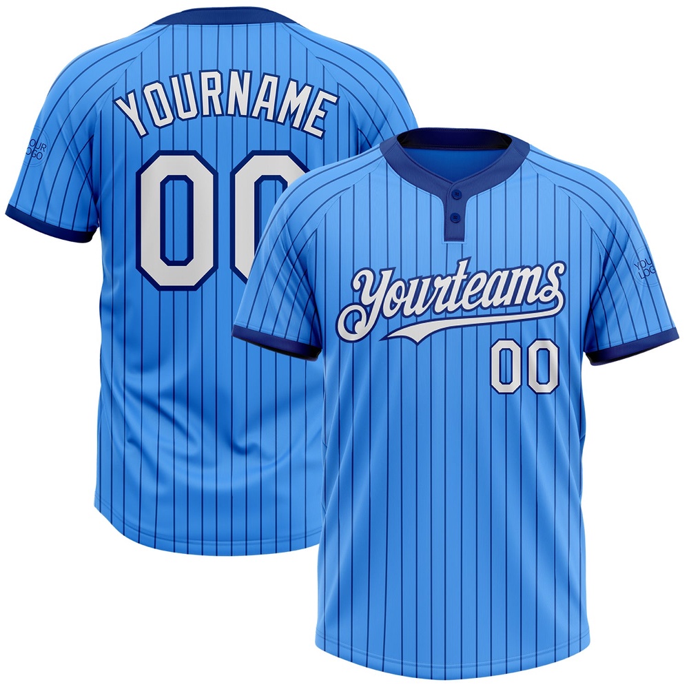 Electric Blue Royal Pinstripe White Two Button Unisex Softball Jersey, Custom Team Softball Jersey