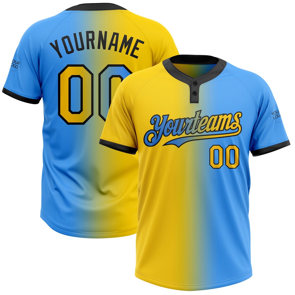 Electric Blue Yellow Black Gradient Fashion Two Button Unisex Softball Jersey, Custom Team Softball Jersey Electric Blue Yellow Black Gradient Fashion Two Button Unisex Softball Jersey, Custom Team Softball Jersey