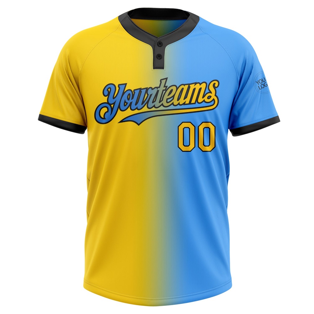 Electric Blue Yellow Black Gradient Fashion Two Button Unisex Softball Jersey, Custom Team Softball Jersey Electric Blue Yellow Black Gradient Fashion Two Button Unisex Softball Jersey, Custom Team Softball Jersey