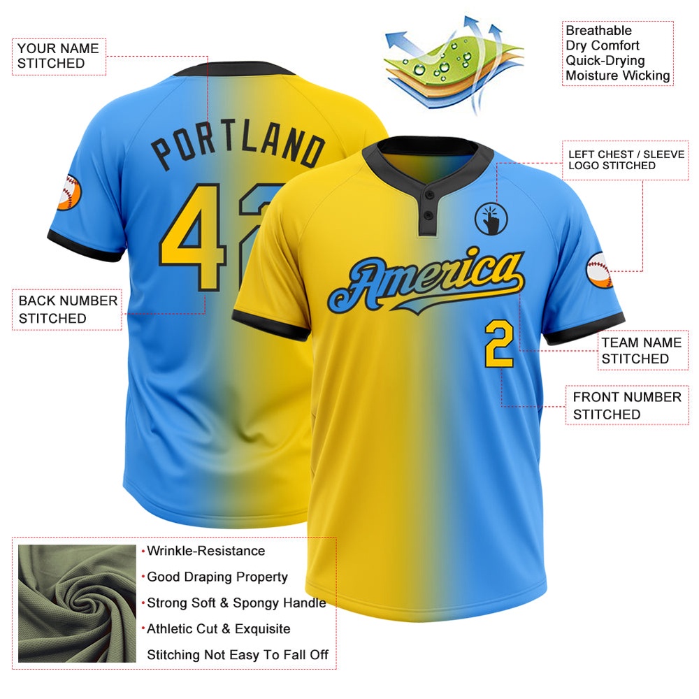 Electric Blue Yellow Black Gradient Fashion Two Button Unisex Softball Jersey, Custom Team Softball Jersey Electric Blue Yellow Black Gradient Fashion Two Button Unisex Softball Jersey, Custom Team Softball Jersey