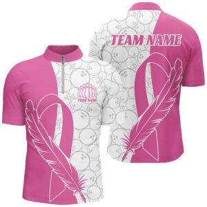 Feather Pink Ribbon Breast Cancer Bowling Shirts…