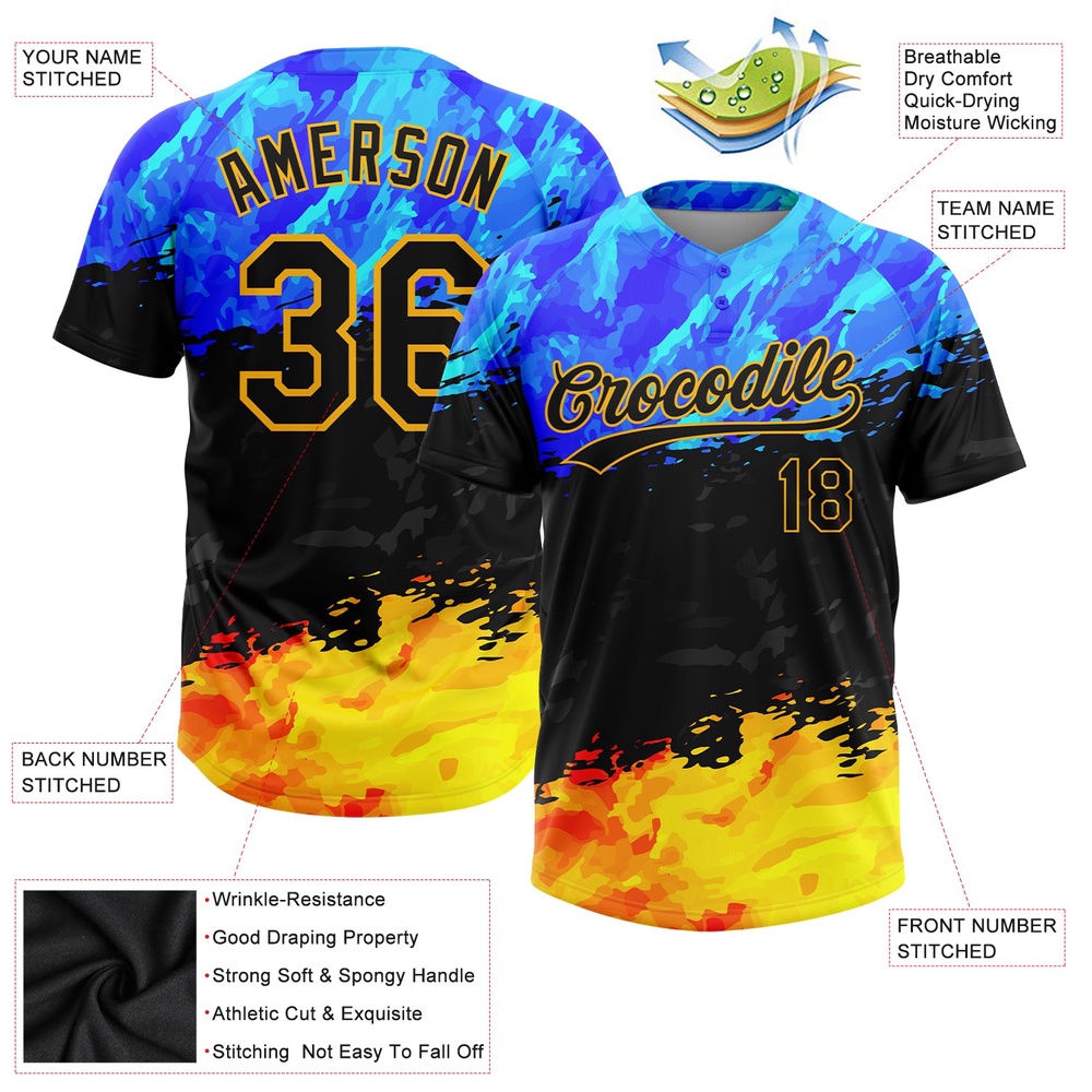Figure Black Gold Royal 3D Pattern Two Button Unisex Softball Jersey, Custom Team Softball Jersey Figure Black Gold Royal 3D Pattern Two Button Unisex Softball Jersey, Custom Team Softball Jersey
