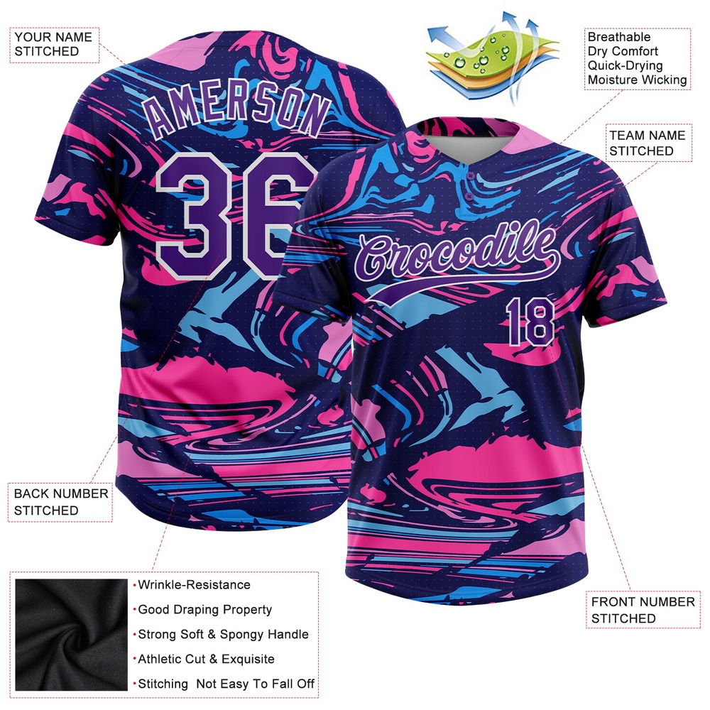 Figure Purple Navy Pink 3D Pattern Two Button Unisex Softball Jersey, Custom Team Softball Jersey Figure Purple Navy Pink 3D Pattern Two Button Unisex Softball Jersey, Custom Team Softball Jersey
