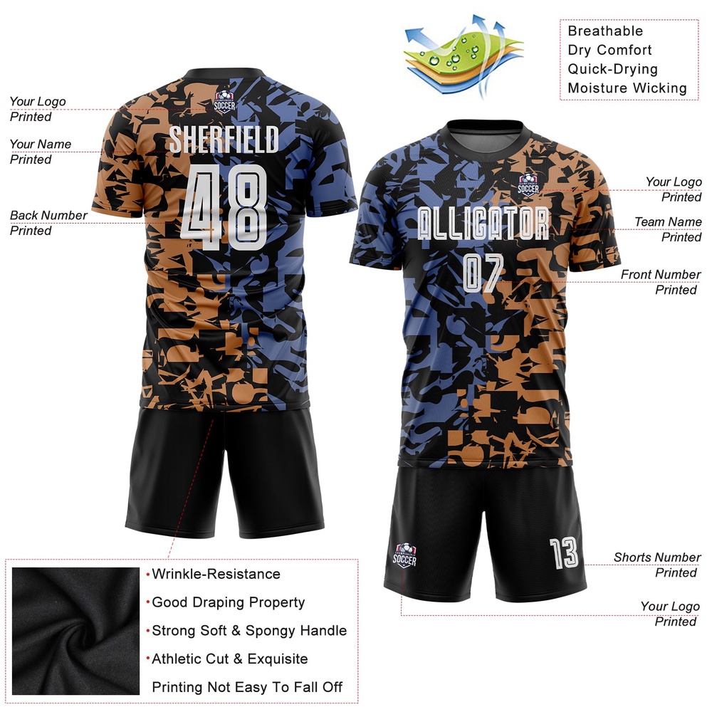 Figure White Black Third Sublimation Soccer Uniform Jersey, Custom Team Soccer Jersey Shirt Figure White Black Third Sublimation Soccer Uniform Jersey, Custom Team Soccer Jersey Shirt